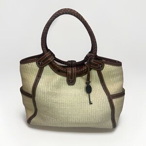 FOSSIL Medium Leather Handle Woven Straw Beige Brown Hobo Satchel Purse ZB2591